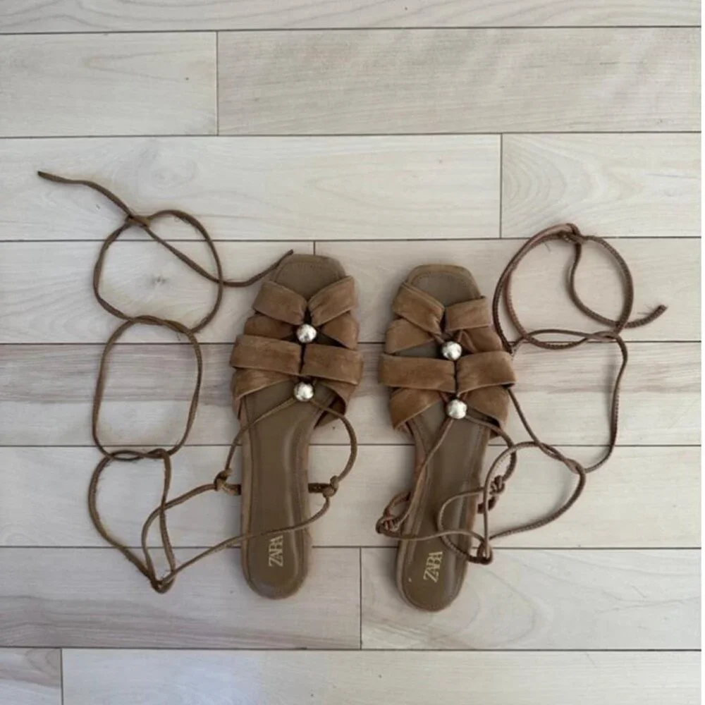 Greek-inspired lace-up sandals in soft faux suede with gold button details - Picture 2 of 7